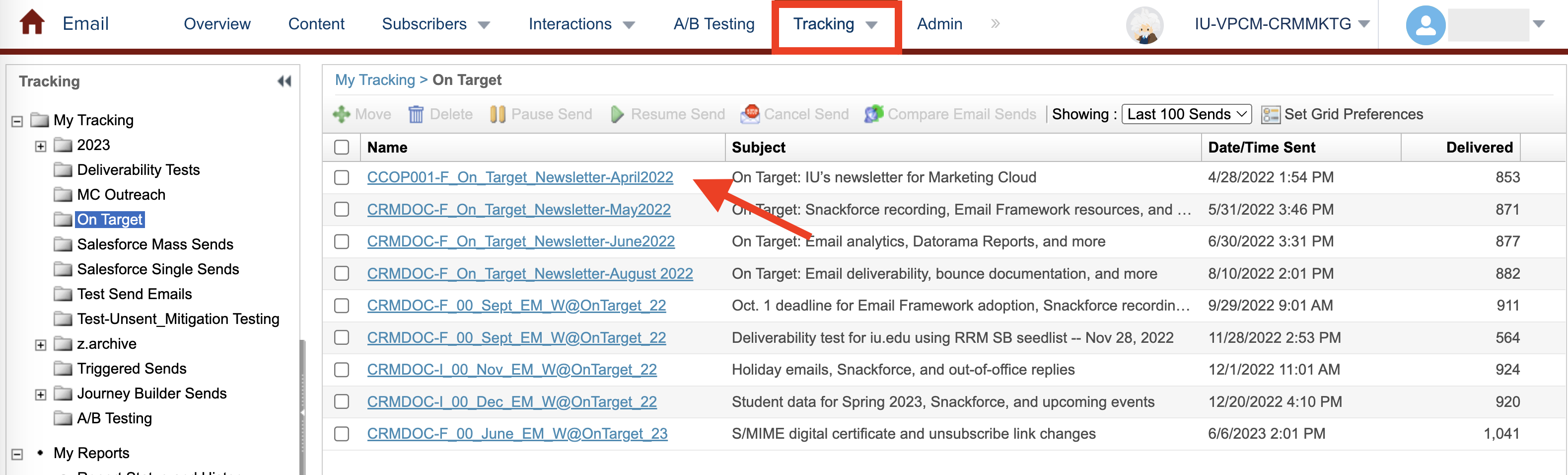 A screenshot of Marketing Cloud displaying the Tracking tab in Email Studio.