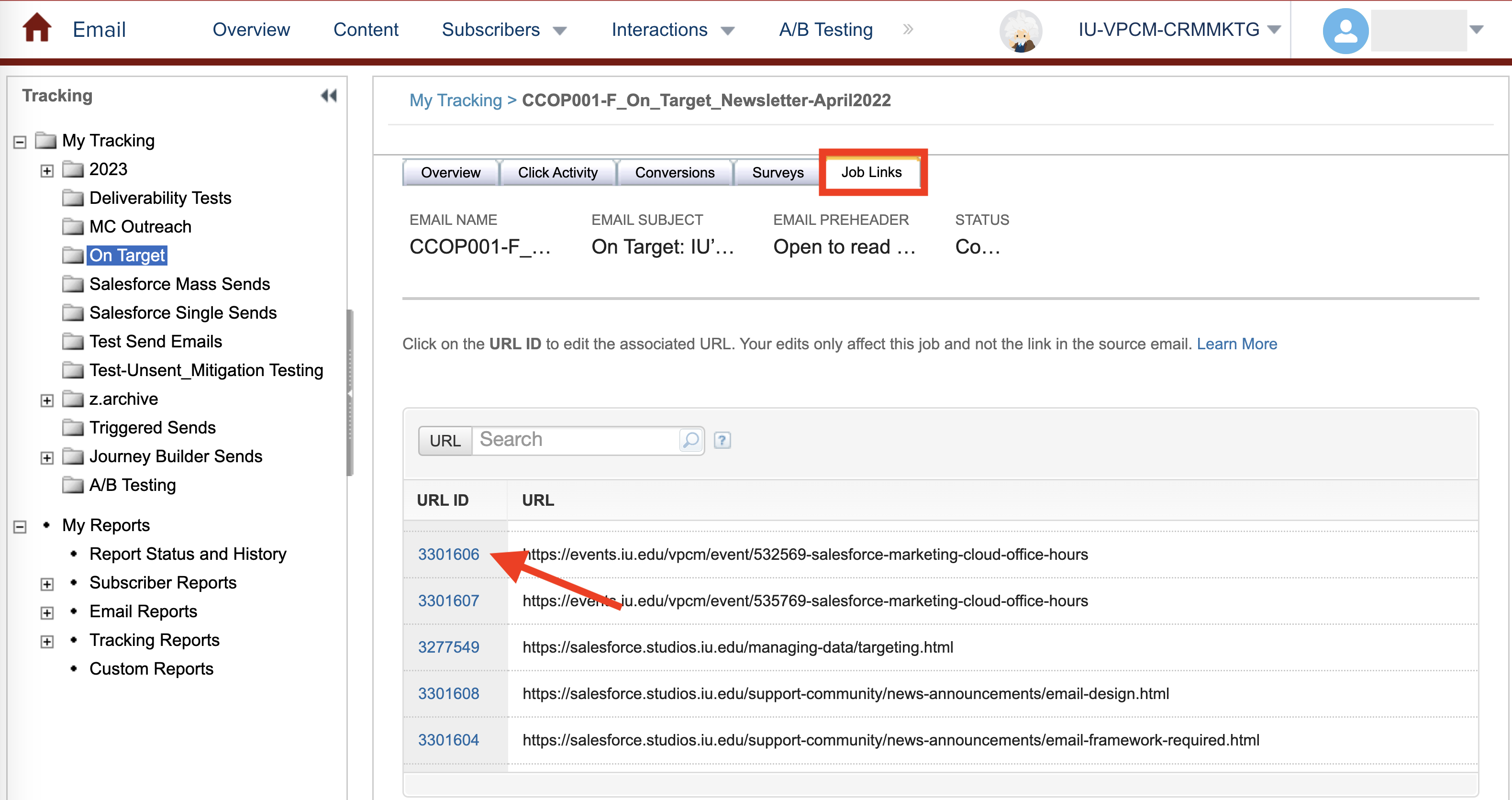 A screenshot of Marketing Cloud displaying the Job Links section of an email send.