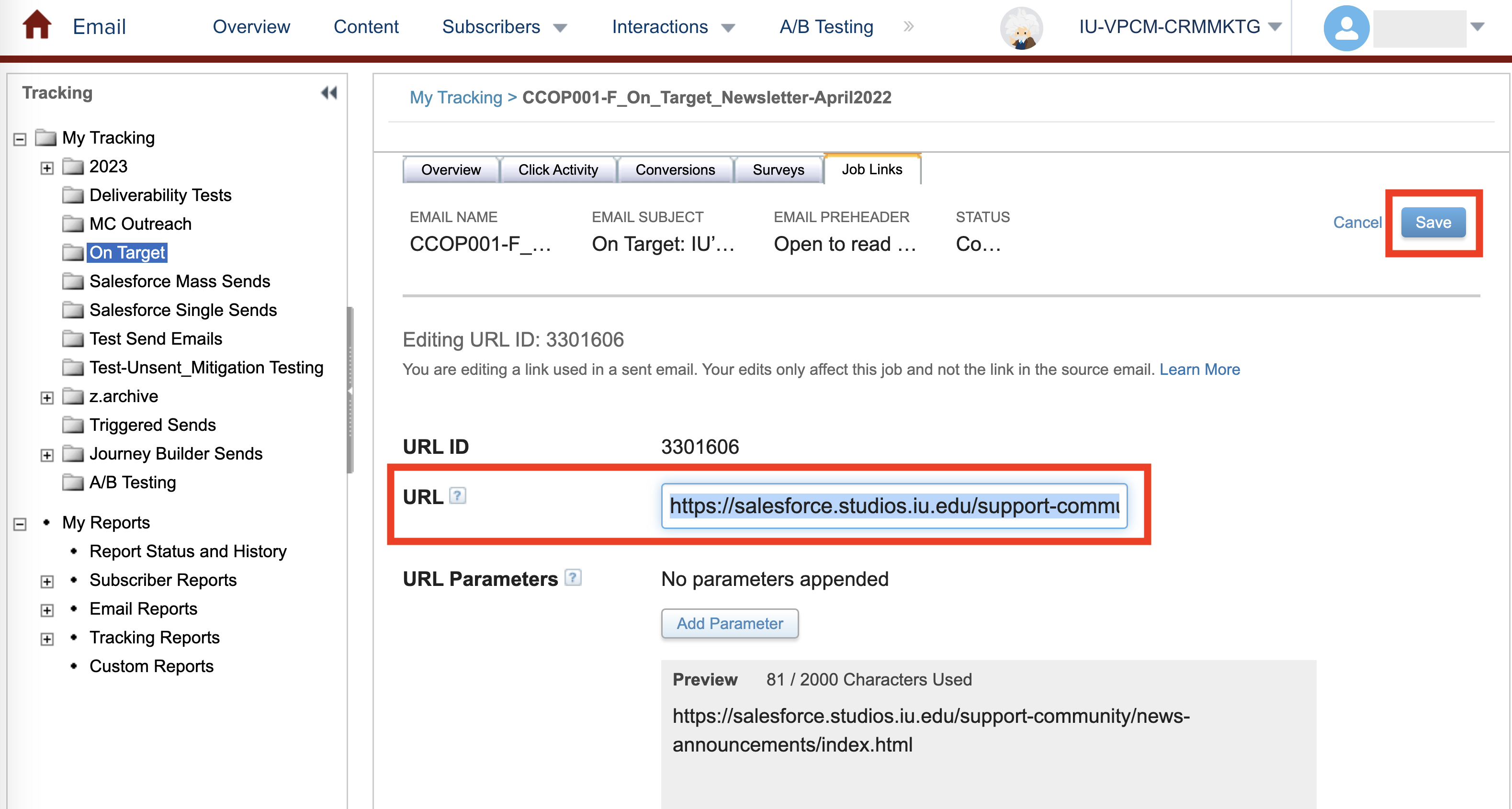 A screenshot of Marketing Cloud displaying a URL field in Job Links. 