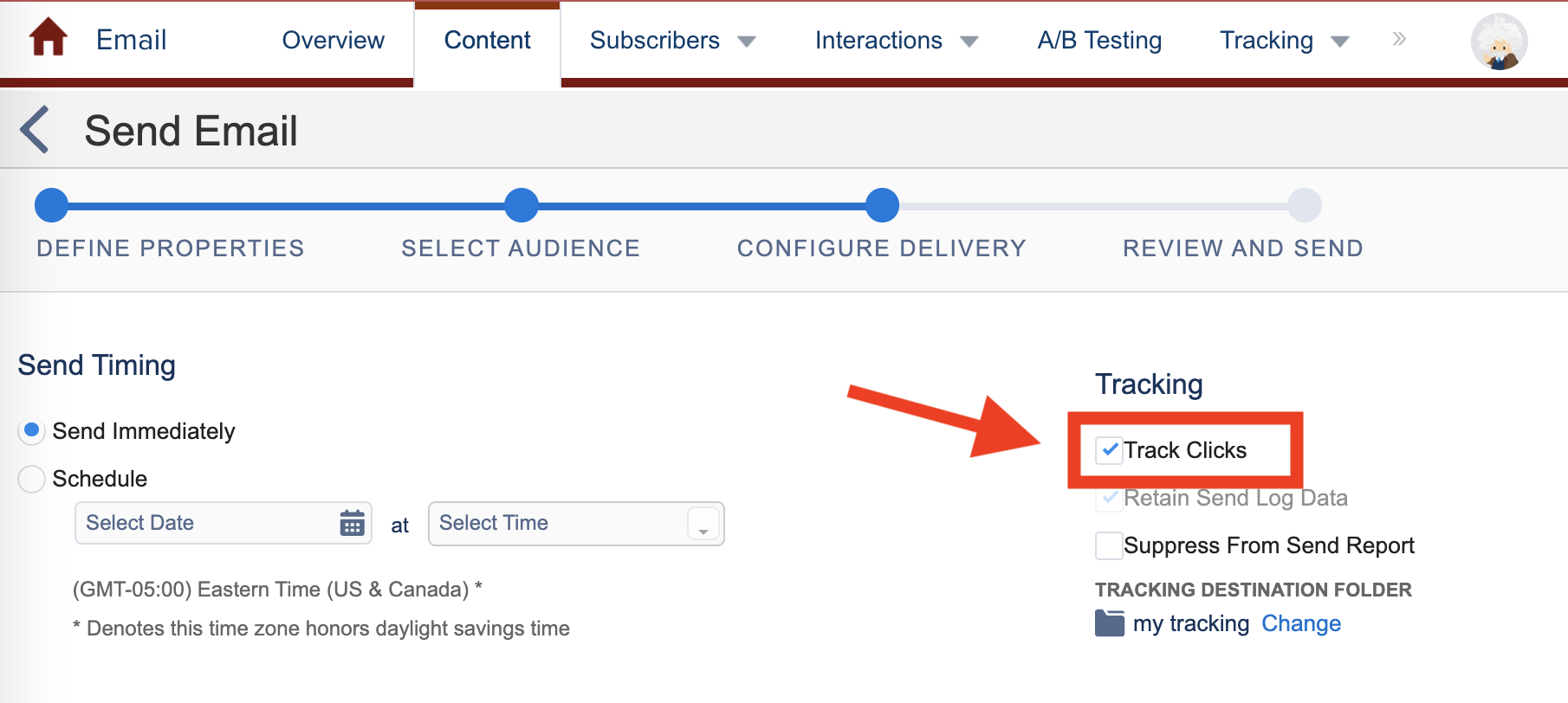 A screenshot of the "Configure Delivery" panel in the email sending process in Marketing Cloud. 