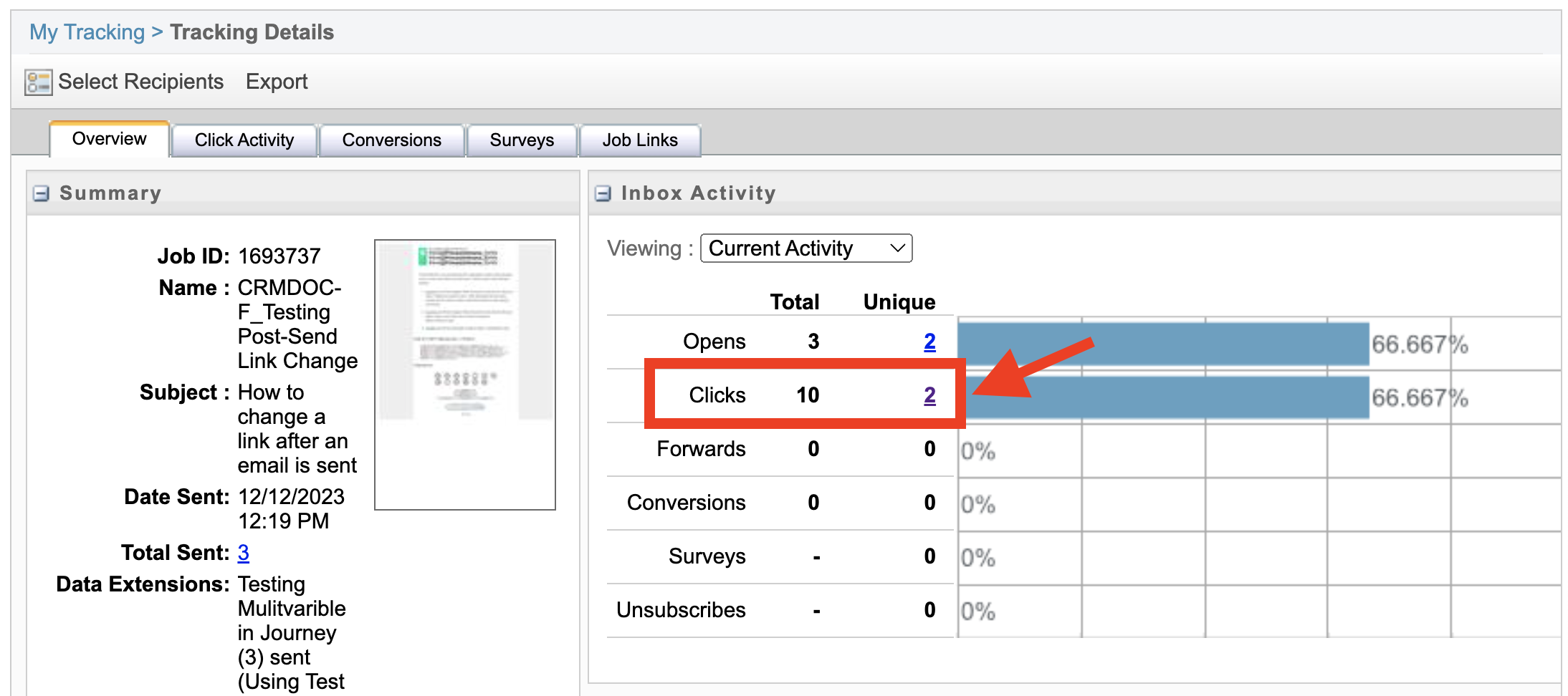 A screenshot of the Tracking tab for a sent email in Marketing Cloud.